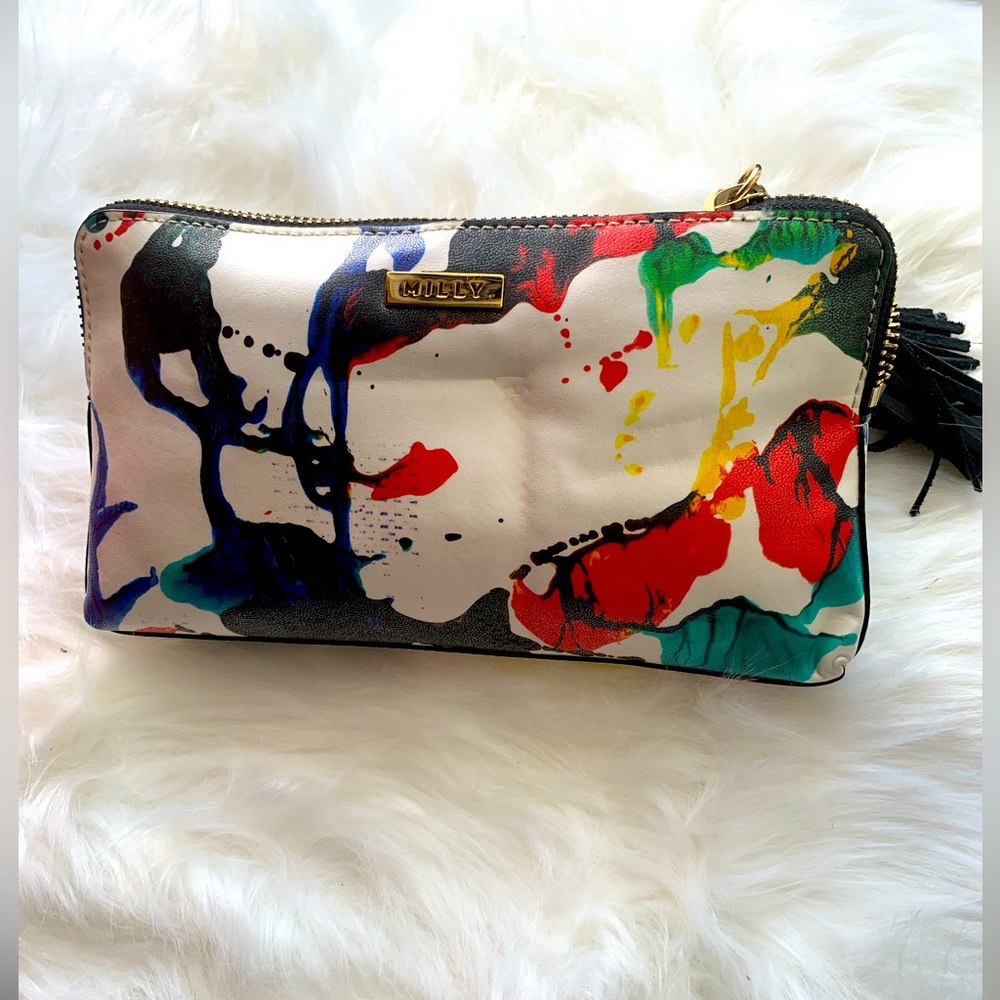 Milly Clutch Zipper Colorful Design Tassel and Leather Back Strap